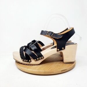 Black Leather Strappy Wooden Clog Sandal - Women's